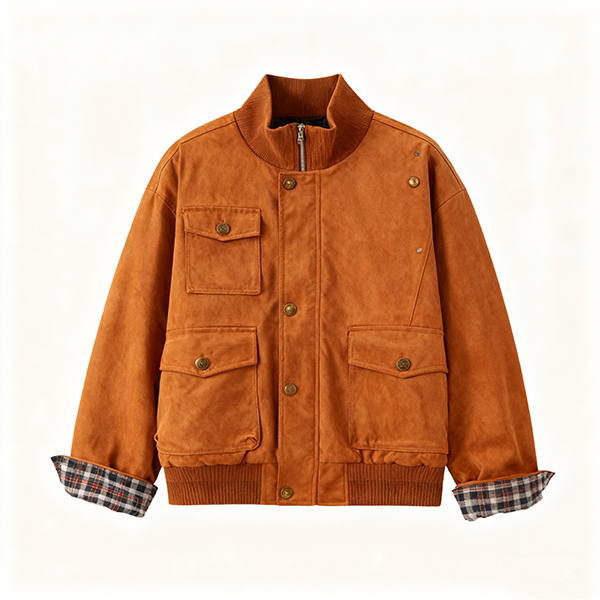 Tan Suede-Like Bomber Jacket with Plaid Cuff Detail