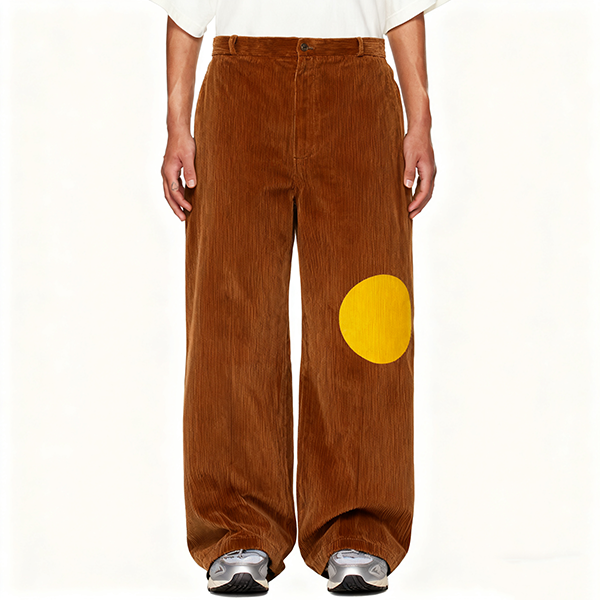 Brown Corduroy Wide-Leg Pants with Yellow Circle Accent