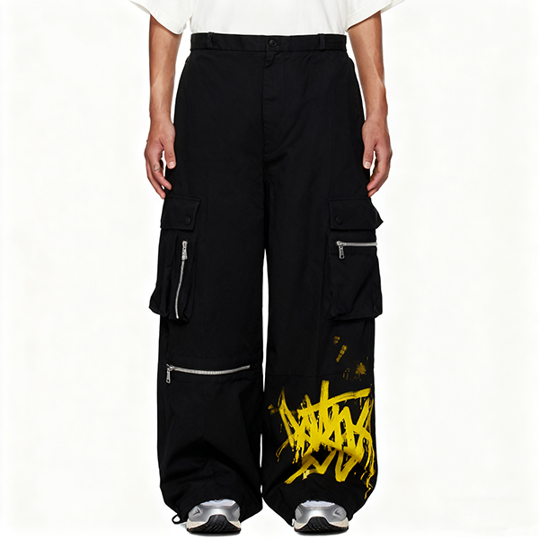 Black Cargo Pants with Multiple Pockets & Yellow Graffiti Design