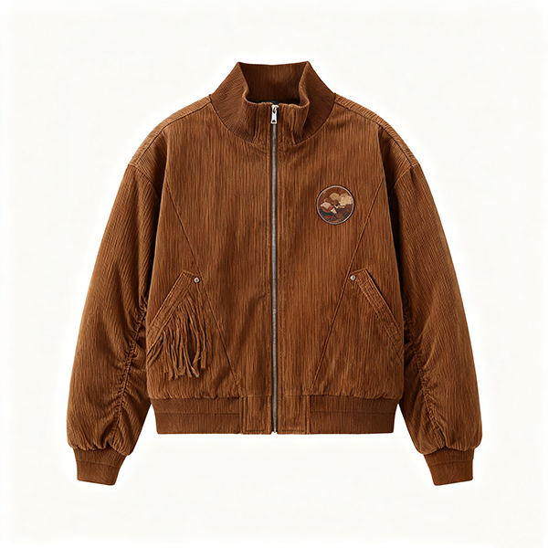 Brown Corduroy Bomber Jacket with Fringe & Landscape Patch