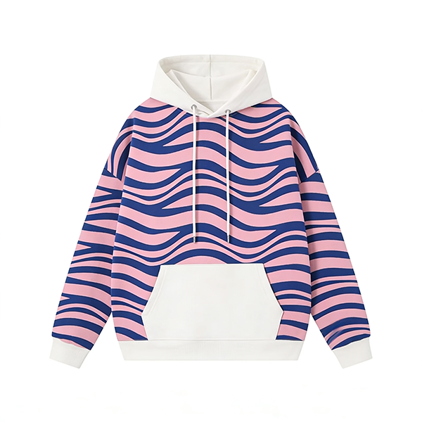 Pink & Blue Wave Striped Hoodie with Contrast Pocket