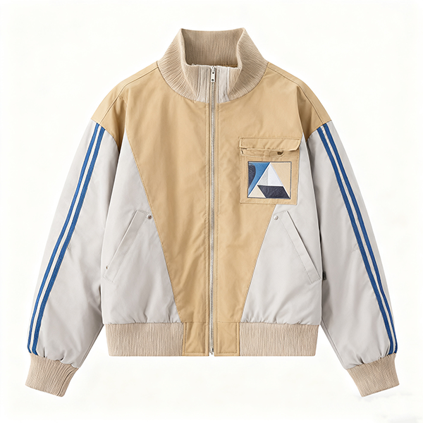 Khaki & Gray Color-Block Geometric Patch Bomber Jacket