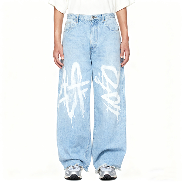 Light Blue Oversized Denim Jeans with White Graffiti Print