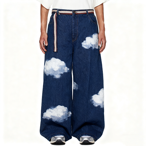 Dark Blue Denim Cloud-Print Wide-Leg Jeans