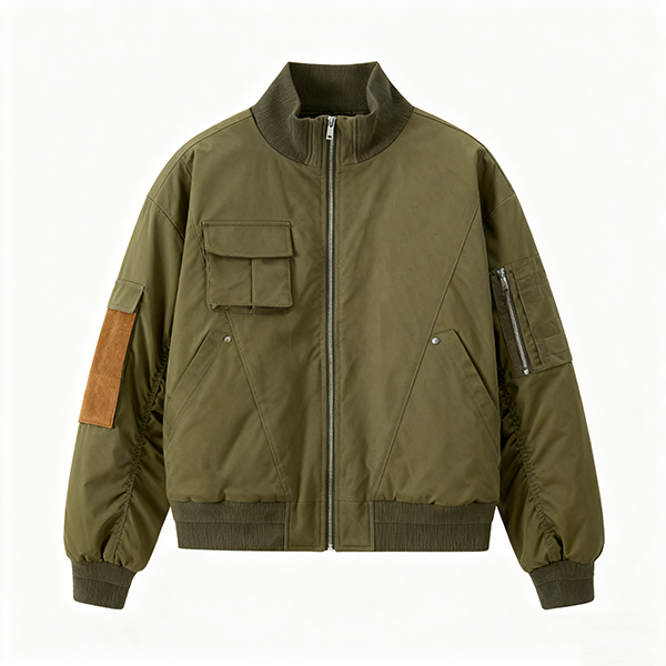Olive Green Utility Bomber Jacket with Suede Patch