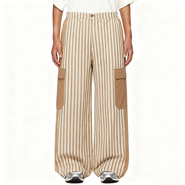 Beige Stripe & Brown Cargo Wide-Leg Pants