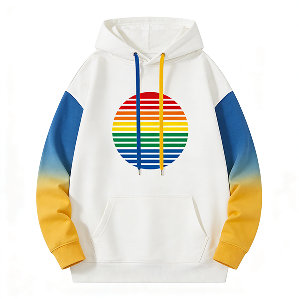 White Hoodie with Rainbow Circle Print & Gradient Sleeves