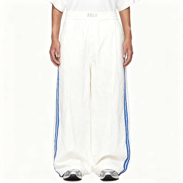 White Loose-Fit Casual Pants with Blue Side Stripes