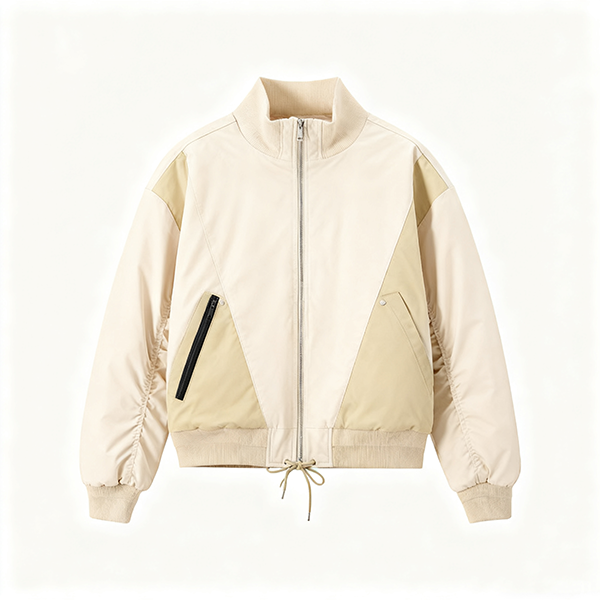 Beige Two-Tone Bomber Jacket with Drawstring Waist